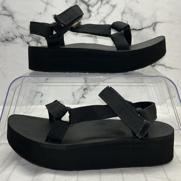 Teva Black Sandals with Gold Logo Flatform Universal Sandal - Picture 3 of 10